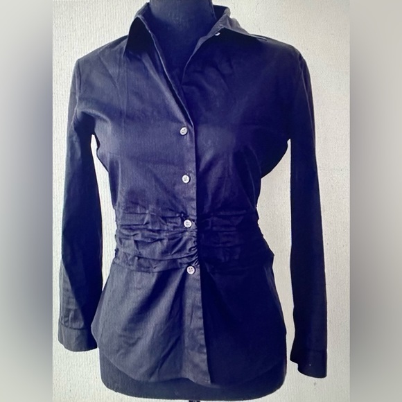 THEORY Shirt Ruched Waist Button down Long Sleeve Cotton Stretch Blend Black S - Picture 11 of 11